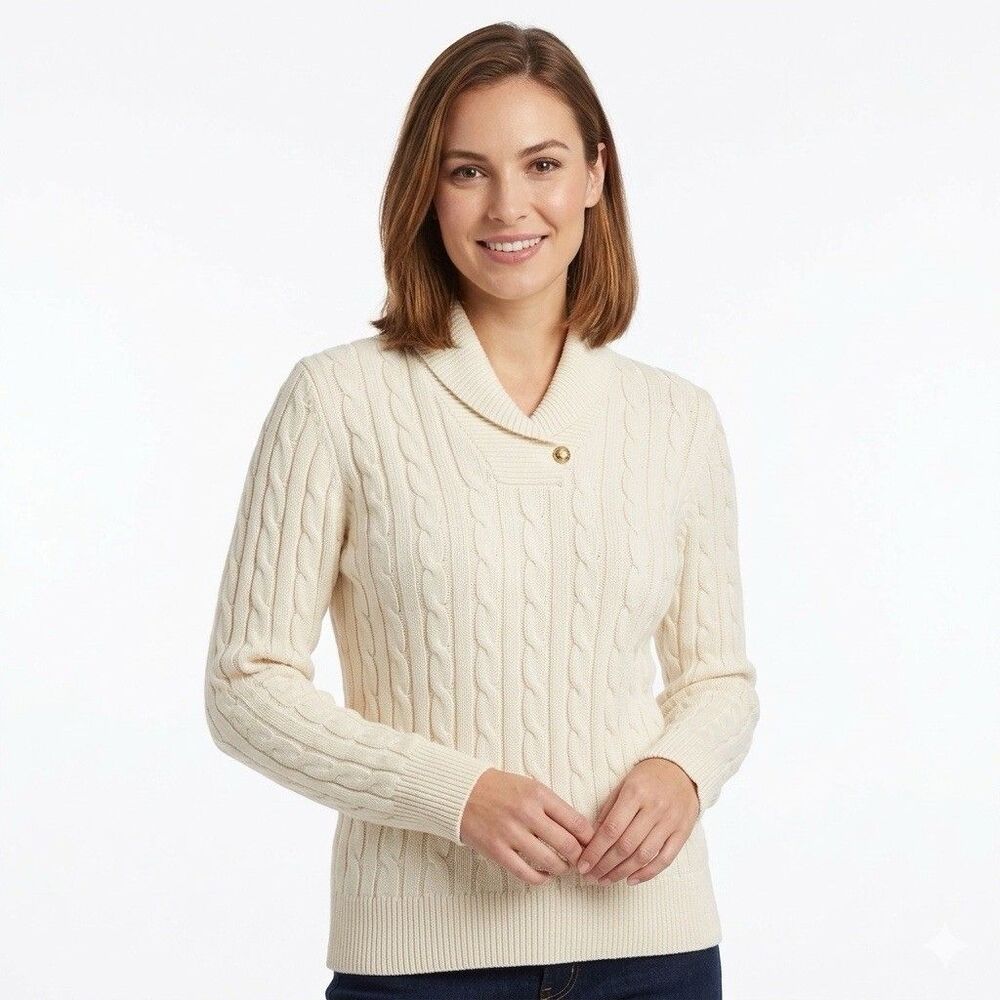 CHAPS Women's Sweater Cable Knit Pullover Old Money Preppy Ivory-L